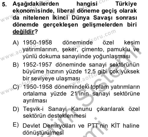 Türkiye Ekonomisi Dersi 2014 - 2015 Yılı (Final) Dönem Sonu Sınavı 5. Soru