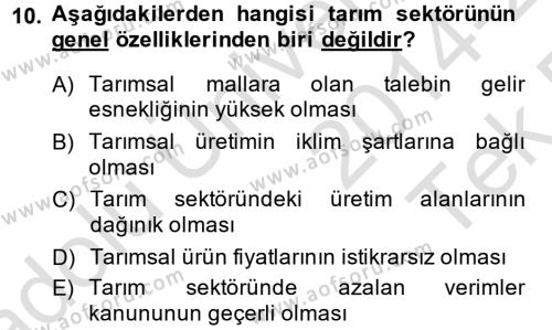 Türkiye Ekonomisi Dersi 2014 - 2015 Yılı Tek Ders Sınavı 10. Soru