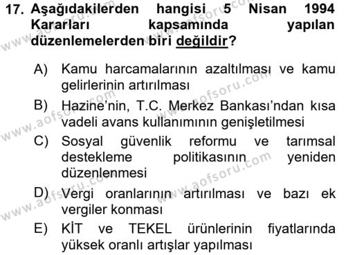 Türkiye Ekonomisi Dersi 2015 - 2016 Yılı Tek Ders Sınavı 17. Soru