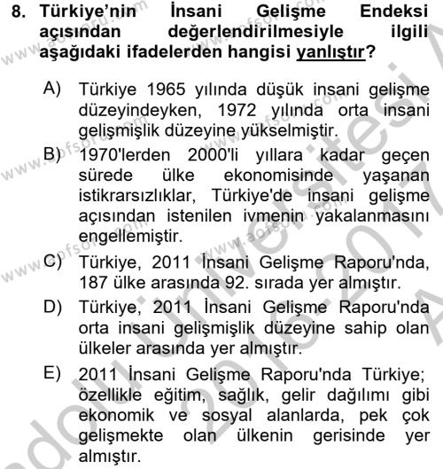 Türkiye Ekonomisi Dersi 2016 - 2017 Yılı (Vize) Ara Sınavı 8. Soru