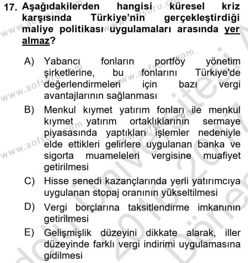 Türkiye Ekonomisi Dersi 2016 - 2017 Yılı (Final) Dönem Sonu Sınavı 17. Soru