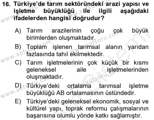 Türkiye Ekonomisi Dersi 2018 - 2019 Yılı (Vize) Ara Sınavı 16. Soru