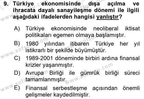 Türkiye Ekonomisi Dersi 2018 - 2019 Yılı (Vize) Ara Sınavı 9. Soru