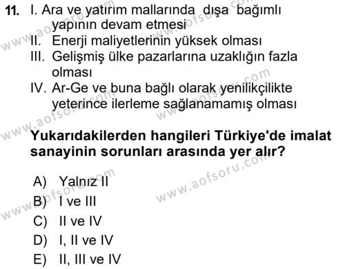 Türkiye Ekonomisi Dersi 2018 - 2019 Yılı (Final) Dönem Sonu Sınavı 11. Soru