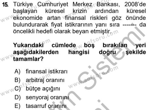 Türkiye Ekonomisi Dersi 2018 - 2019 Yılı (Final) Dönem Sonu Sınavı 15. Soru