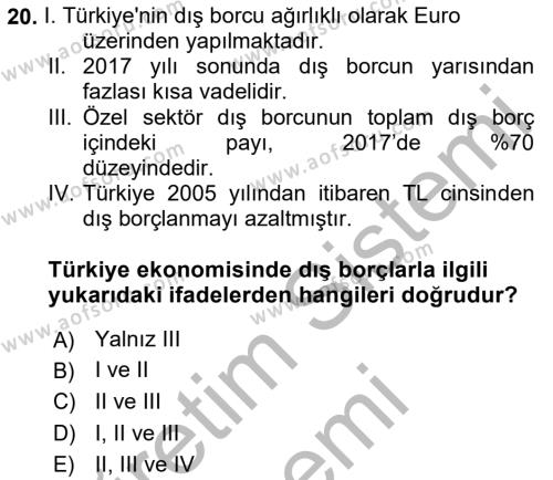 Türkiye Ekonomisi Dersi 2018 - 2019 Yılı (Final) Dönem Sonu Sınavı 20. Soru