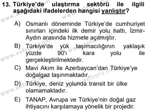 Türkiye Ekonomisi Dersi 2020 - 2021 Yılı Yaz Okulu Sınavı 13. Soru