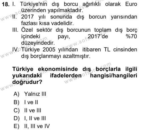 Türkiye Ekonomisi Dersi 2020 - 2021 Yılı Yaz Okulu Sınavı 18. Soru