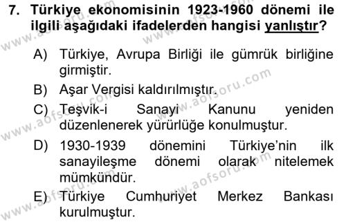 Türkiye Ekonomisi Dersi 2021 - 2022 Yılı (Vize) Ara Sınavı 7. Soru