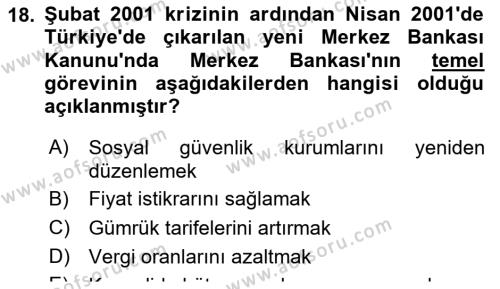 Türkiye Ekonomisi Dersi 2022 - 2023 Yılı (Final) Dönem Sonu Sınavı 18. Soru