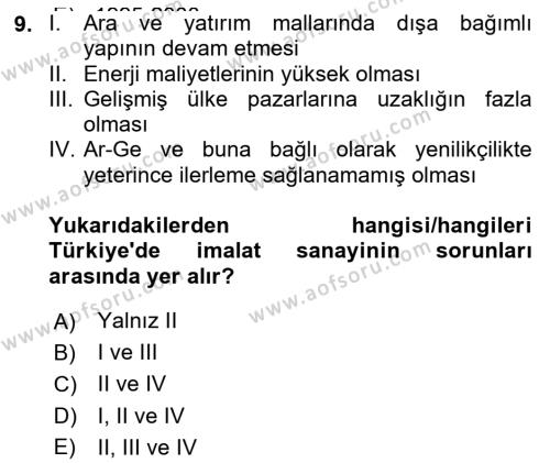 Türkiye Ekonomisi Dersi 2022 - 2023 Yılı (Final) Dönem Sonu Sınavı 9. Soru