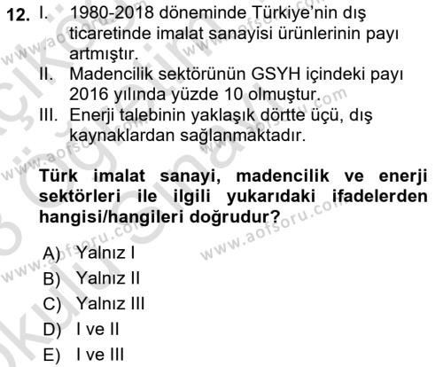 Türkiye Ekonomisi Dersi 2022 - 2023 Yılı Yaz Okulu Sınavı 12. Soru