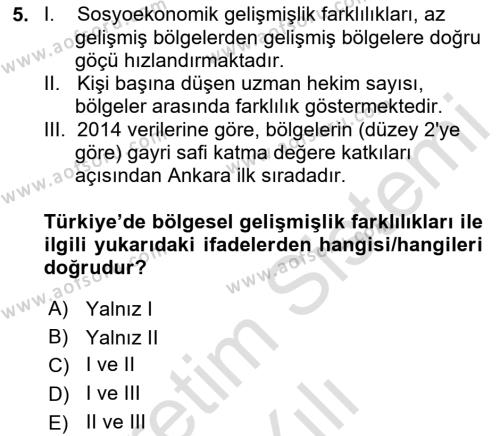 Türkiye Ekonomisi Dersi 2023 - 2024 Yılı (Vize) Ara Sınavı 5. Soru