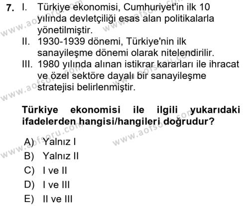 Türkiye Ekonomisi Dersi 2023 - 2024 Yılı (Vize) Ara Sınavı 7. Soru