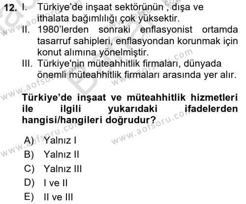 Türkiye Ekonomisi Dersi 2023 - 2024 Yılı (Final) Dönem Sonu Sınavı 12. Soru