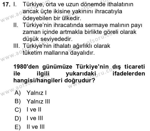 Türkiye Ekonomisi Dersi 2023 - 2024 Yılı (Final) Dönem Sonu Sınavı 17. Soru