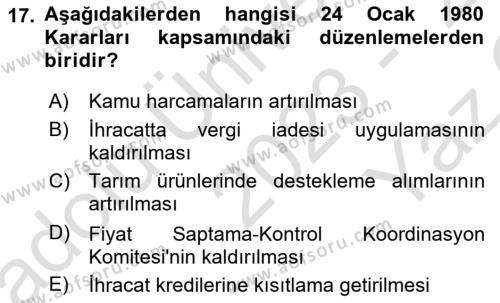 Türkiye Ekonomisi Dersi 2023 - 2024 Yılı Yaz Okulu Sınavı 17. Soru