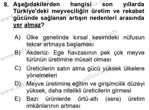 Türkiye Ekonomisi Dersi 2023 - 2024 Yılı Yaz Okulu Sınavı 8. Soru