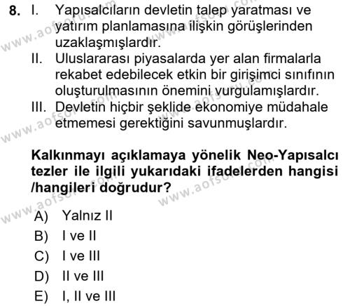 İktisadi Kalkınma Dersi 2023 - 2024 Yılı (Vize) Ara Sınavı 8. Soru