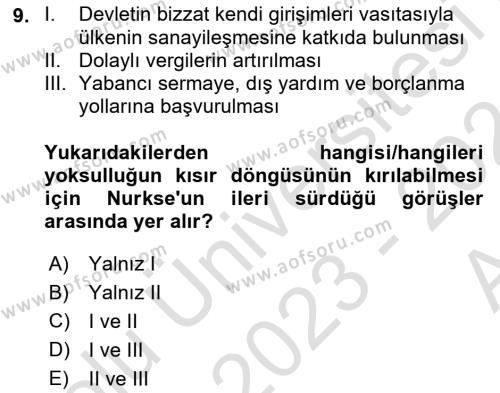 İktisadi Kalkınma Dersi 2023 - 2024 Yılı (Vize) Ara Sınavı 9. Soru