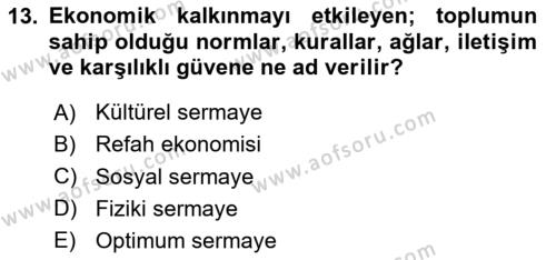 İktisadi Kalkınma Dersi 2023 - 2024 Yılı Yaz Okulu Sınavı 13. Soru