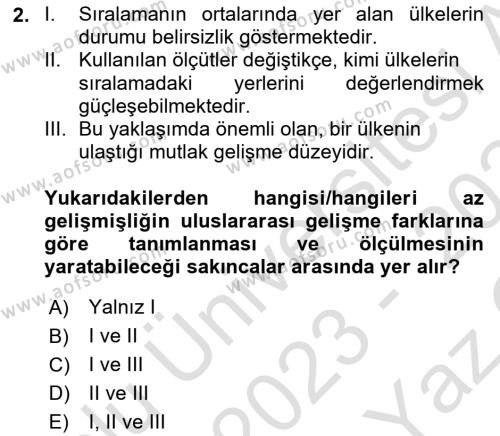 İktisadi Kalkınma Dersi 2023 - 2024 Yılı Yaz Okulu Sınavı 2. Soru