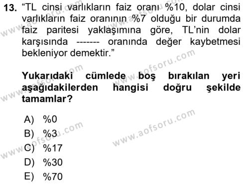 Finansal Ekonomi Dersi 2020 - 2021 Yılı Yaz Okulu Sınavı 13. Soru