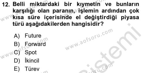 Finansal Ekonomi Dersi 2021 - 2022 Yılı Yaz Okulu Sınavı 12. Soru