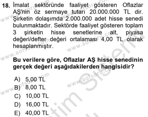 Finansal Ekonomi Dersi 2021 - 2022 Yılı Yaz Okulu Sınavı 18. Soru