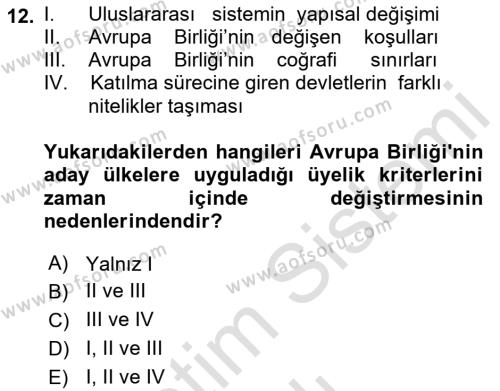 Avrupa Birliği ve Türkiye İlişkileri Dersi 2021 - 2022 Yılı Yaz Okulu Sınavı 12. Soru