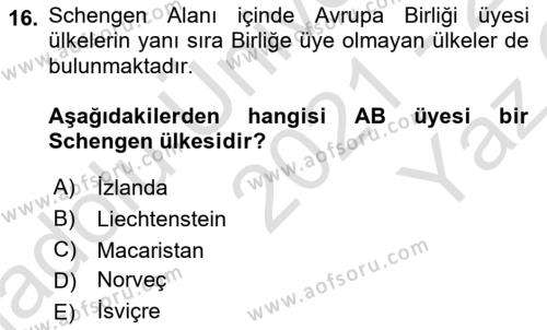 Avrupa Birliği ve Türkiye İlişkileri Dersi 2021 - 2022 Yılı Yaz Okulu Sınavı 16. Soru