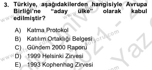 Avrupa Birliği ve Türkiye İlişkileri Dersi 2021 - 2022 Yılı Yaz Okulu Sınavı 3. Soru