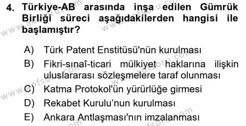 Avrupa Birliği ve Türkiye İlişkileri Dersi 2021 - 2022 Yılı Yaz Okulu Sınavı 4. Soru