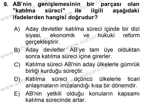 Avrupa Birliği ve Türkiye İlişkileri Dersi 2021 - 2022 Yılı Yaz Okulu Sınavı 9. Soru