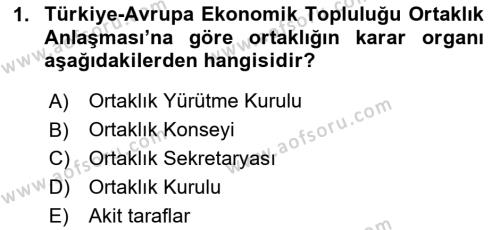 Avrupa Birliği ve Türkiye İlişkileri Dersi 2023 - 2024 Yılı (Vize) Ara Sınavı 1. Soru