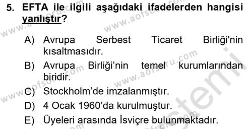 Avrupa Birliği ve Türkiye İlişkileri Dersi 2023 - 2024 Yılı (Vize) Ara Sınavı 5. Soru