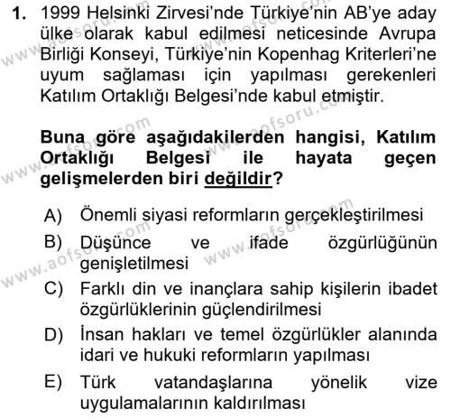 Avrupa Birliği ve Türkiye İlişkileri Dersi 2023 - 2024 Yılı (Final) Dönem Sonu Sınavı 1. Soru