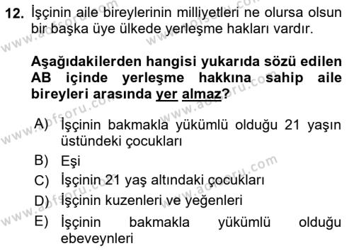 Avrupa Birliği ve Türkiye İlişkileri Dersi 2023 - 2024 Yılı (Final) Dönem Sonu Sınavı 12. Soru