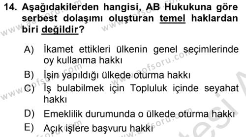 Avrupa Birliği ve Türkiye İlişkileri Dersi 2023 - 2024 Yılı (Final) Dönem Sonu Sınavı 14. Soru