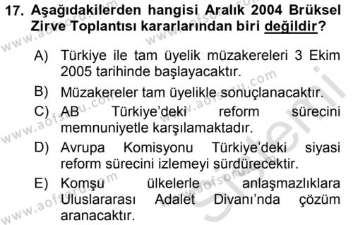 Avrupa Birliği ve Türkiye İlişkileri Dersi 2023 - 2024 Yılı (Final) Dönem Sonu Sınavı 17. Soru