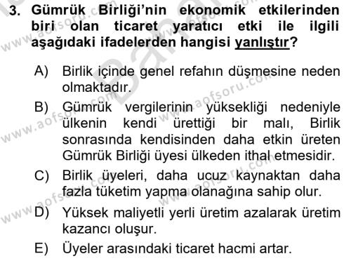 Avrupa Birliği ve Türkiye İlişkileri Dersi 2023 - 2024 Yılı (Final) Dönem Sonu Sınavı 3. Soru