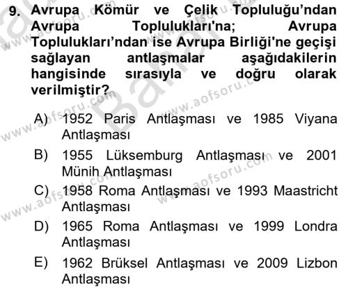 Avrupa Birliği ve Türkiye İlişkileri Dersi 2023 - 2024 Yılı (Final) Dönem Sonu Sınavı 9. Soru