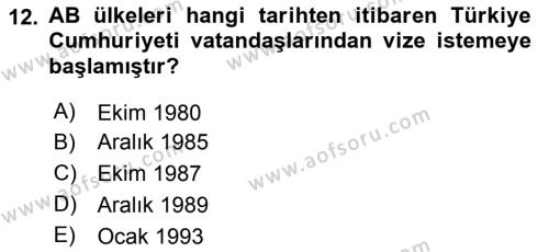 Avrupa Birliği ve Türkiye İlişkileri Dersi 2023 - 2024 Yılı Yaz Okulu Sınavı 12. Soru