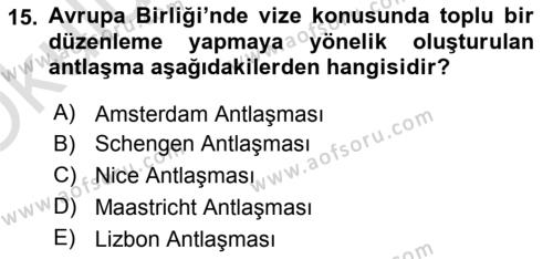 Avrupa Birliği ve Türkiye İlişkileri Dersi 2023 - 2024 Yılı Yaz Okulu Sınavı 15. Soru