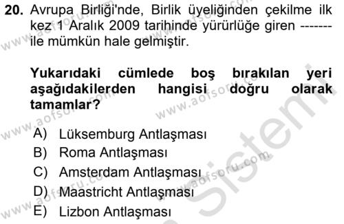 Avrupa Birliği ve Türkiye İlişkileri Dersi 2023 - 2024 Yılı Yaz Okulu Sınavı 20. Soru