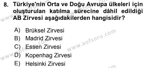 Avrupa Birliği ve Türkiye İlişkileri Dersi 2023 - 2024 Yılı Yaz Okulu Sınavı 8. Soru