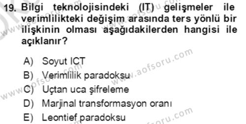 Ekonominin Güncel Sorunları Dersi 2021 - 2022 Yılı Yaz Okulu Sınavı 19. Soru