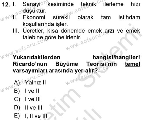 İktisadi Büyüme Dersi 2021 - 2022 Yılı (Vize) Ara Sınavı 12. Soru