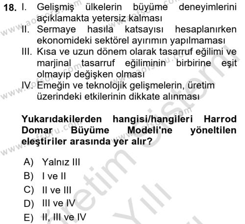 İktisadi Büyüme Dersi 2021 - 2022 Yılı (Vize) Ara Sınavı 18. Soru