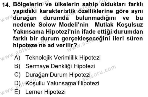 İktisadi Büyüme Dersi 2021 - 2022 Yılı (Final) Dönem Sonu Sınavı 14. Soru